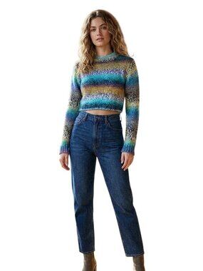 NIA Multicolor Wool Alpaca Sweater Women's M Cropped Hand-Knit Striped Top